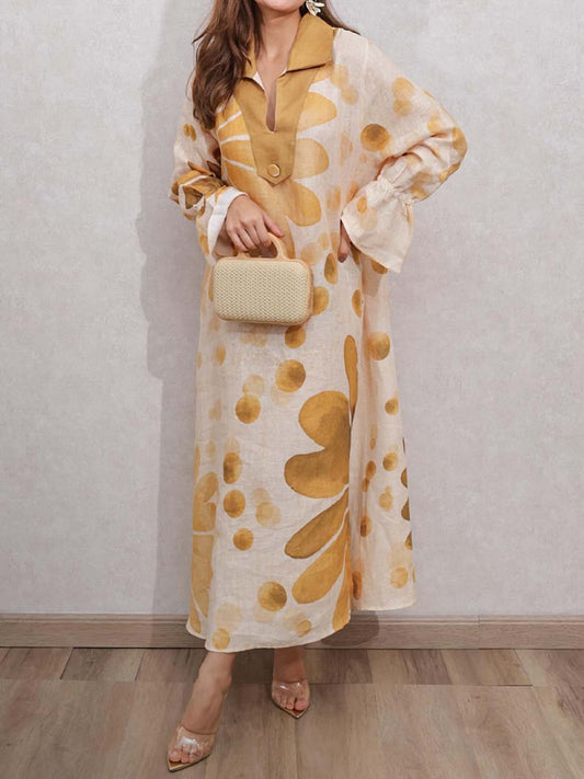 Printed Split Neck Slit Hem Loose Dress