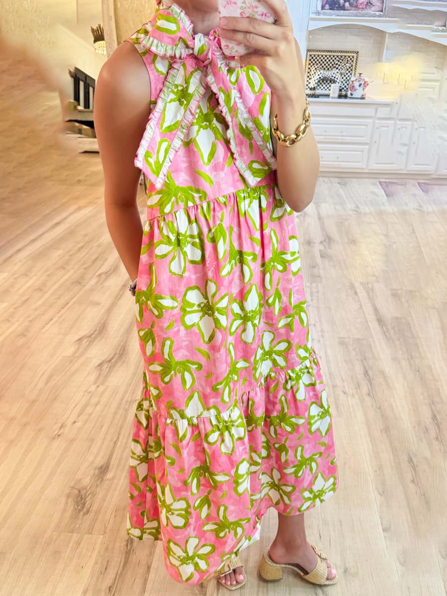 Flower Print Sleeveless Tiered Midi Dress