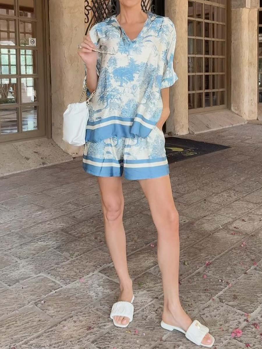 Printed V Neck Loose Two Pieces Set