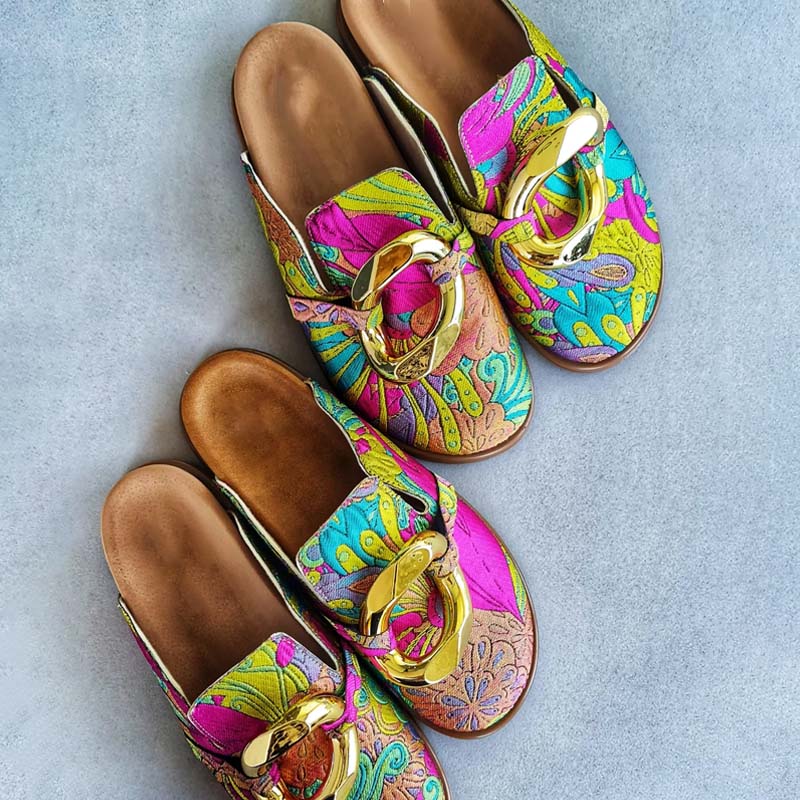 Printed Metal-Embellished Flat-Bottom Slippers
