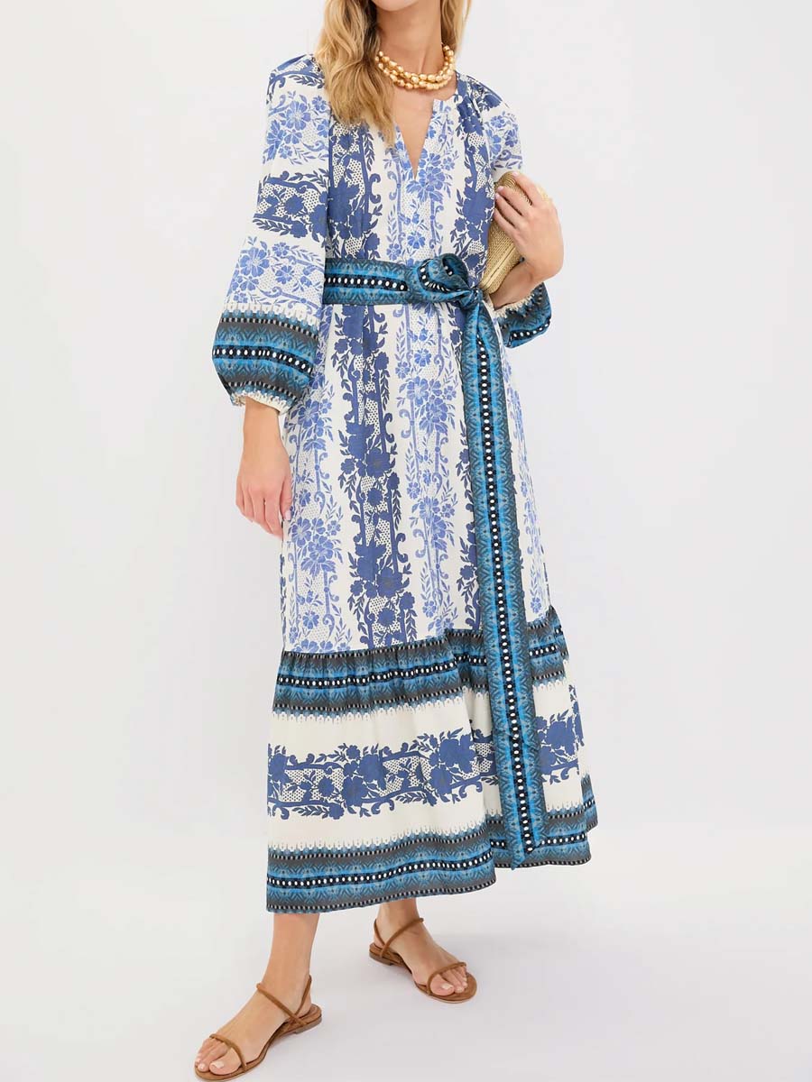 Split Neck Printed Long Slleve Mai Dress