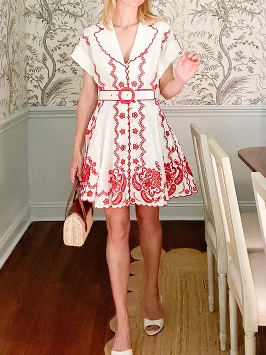 Embroidered Short Sleeve Mini Dress