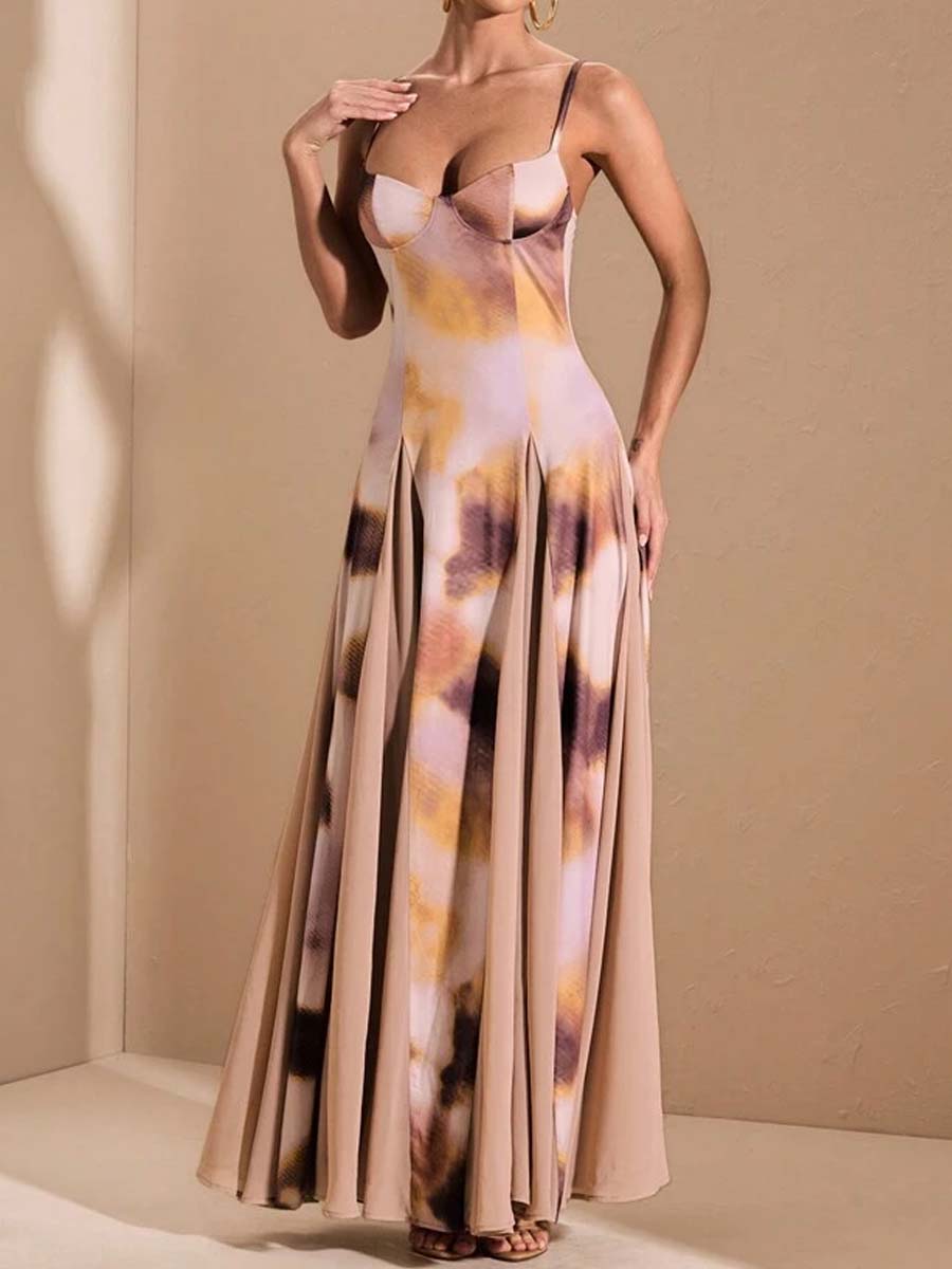 V-neck Printed Sling Maxi Dress