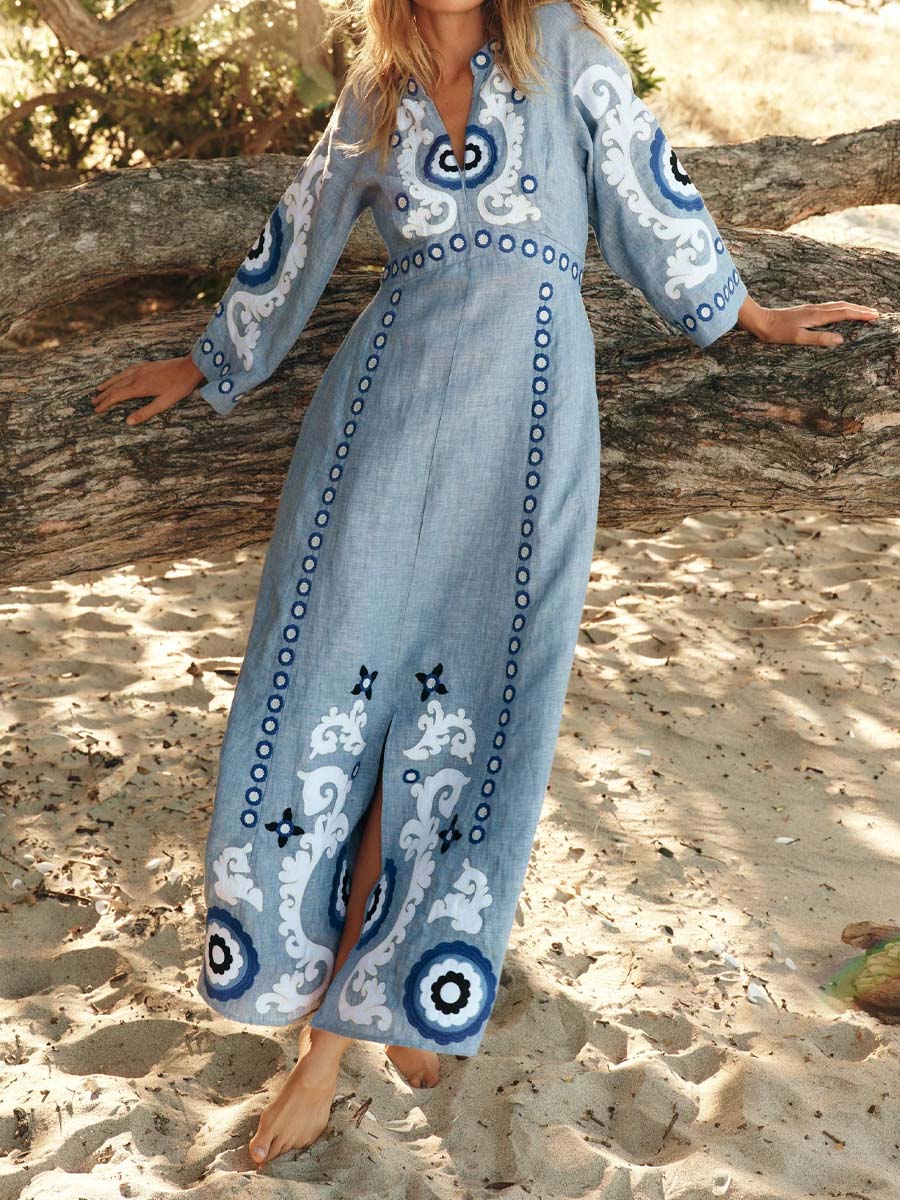 Split Neck Embroidered Maxi Dress