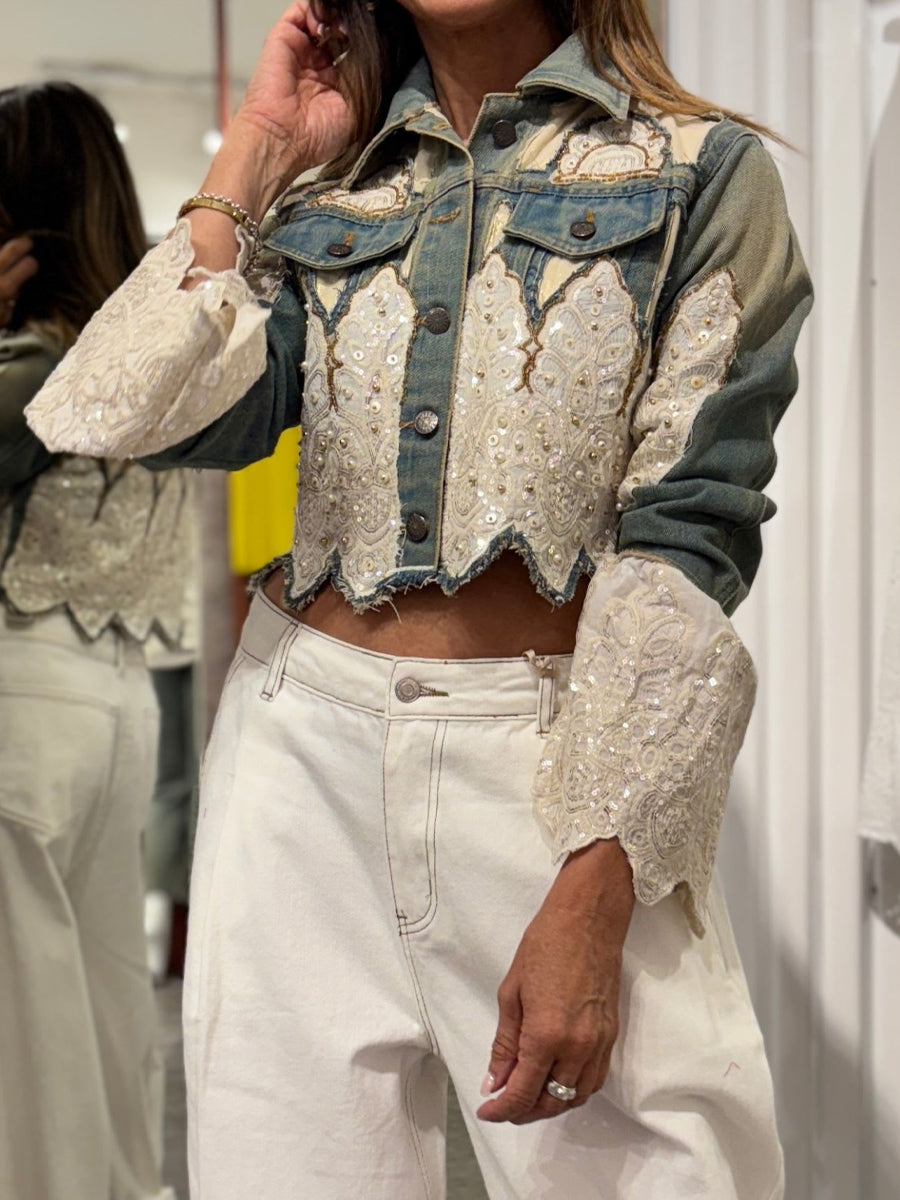 Sequined Flare Sleeve Denim Jacket