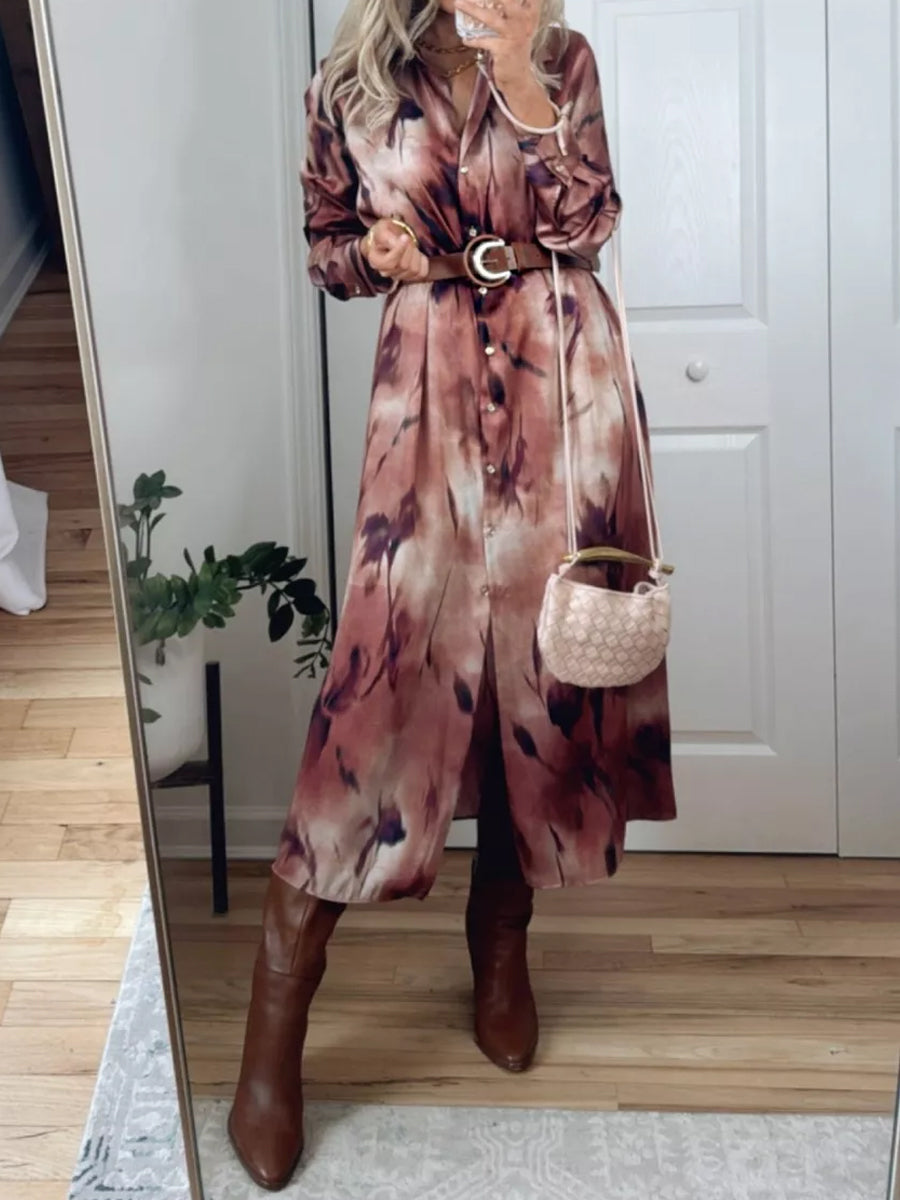 Printed Button Up Belted Midi Dress