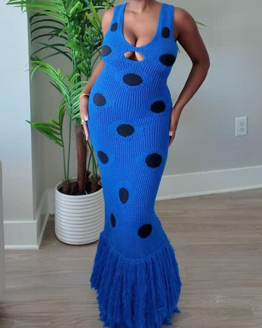 Fringe Hem Deep V Neck Cutout Dress