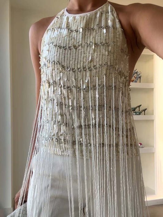 Fringe Sequin Halterneck Top