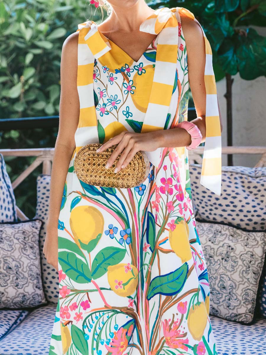 Printed V Neck Sling Dress