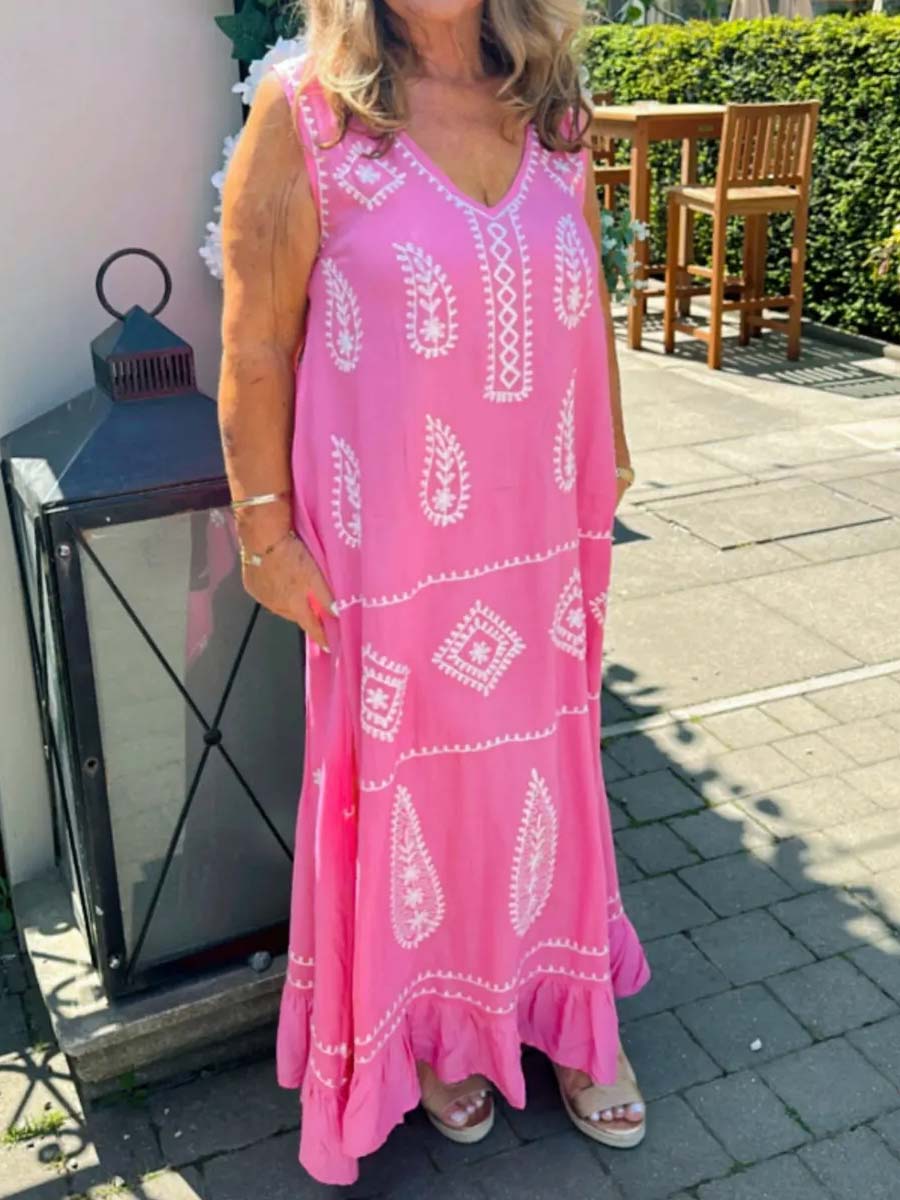 Deep V Neck Sleeveless Printed Maxi Dress