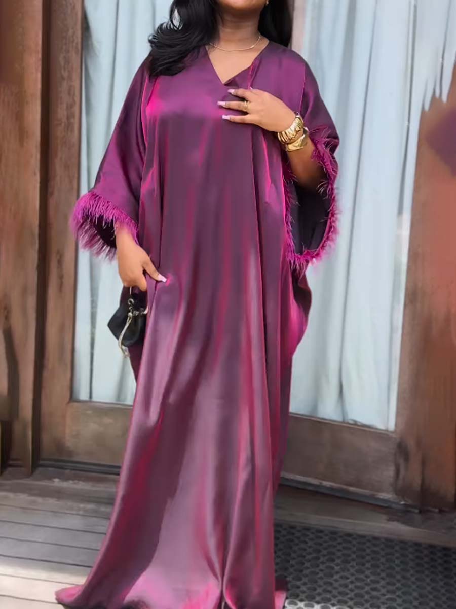 Feather Stitching V Neck Batwing Sleeve Dress