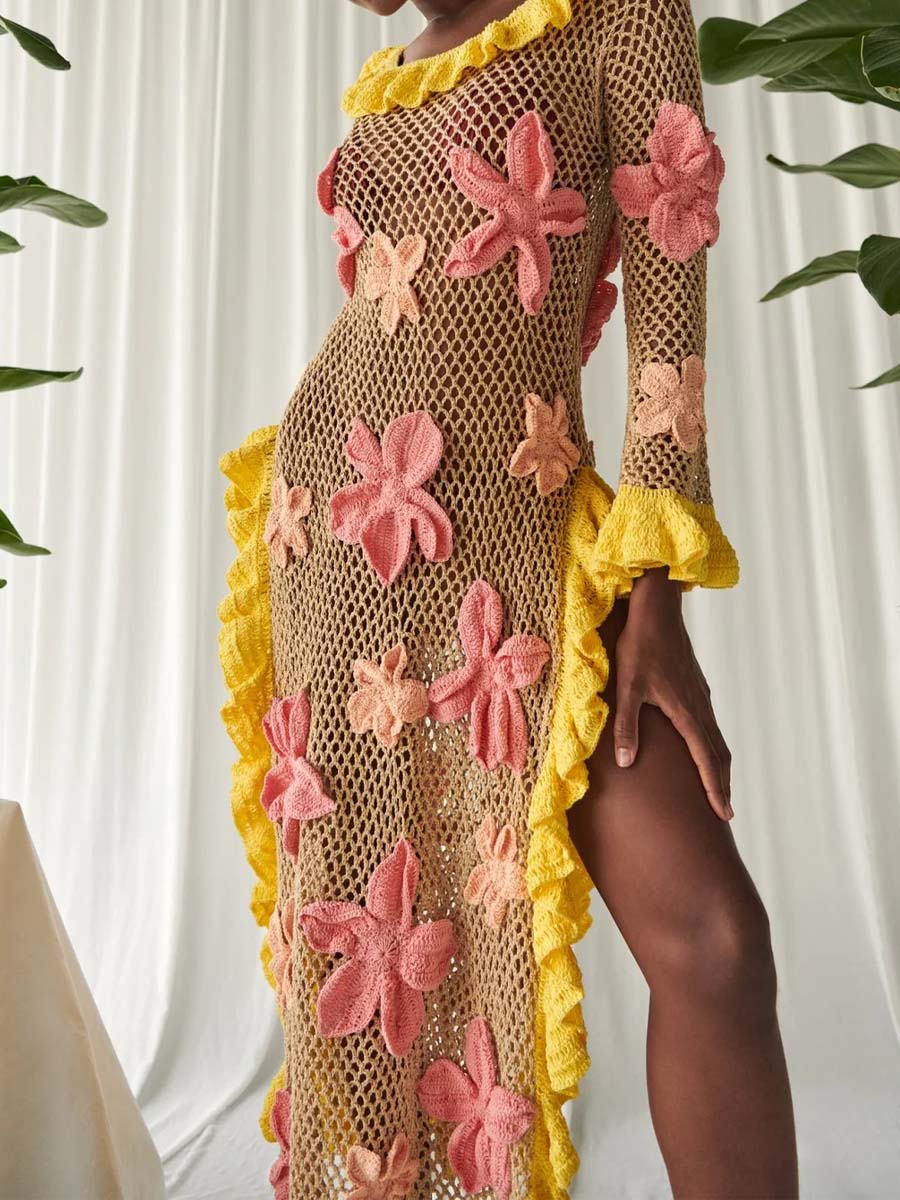 Knitted 3D Flower Slit Hem Beach Dress