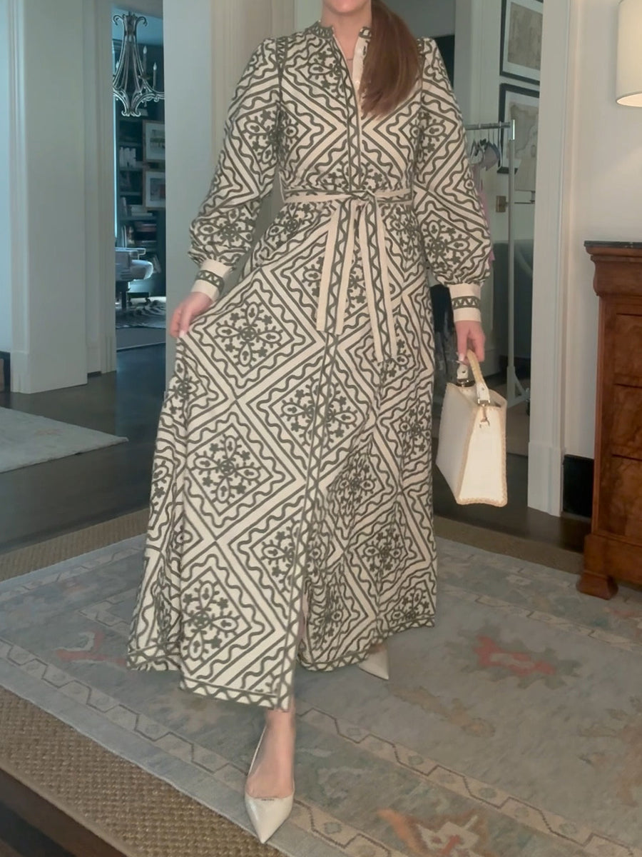 Printed Long Sleeve Belted Dress