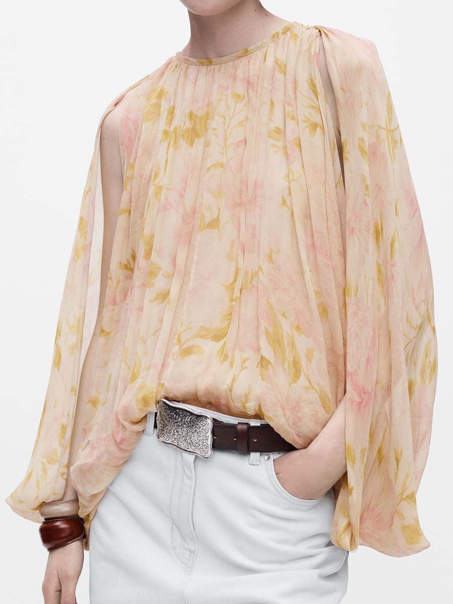 Puff Sleeve Asymmetric Hem Printed Shirt