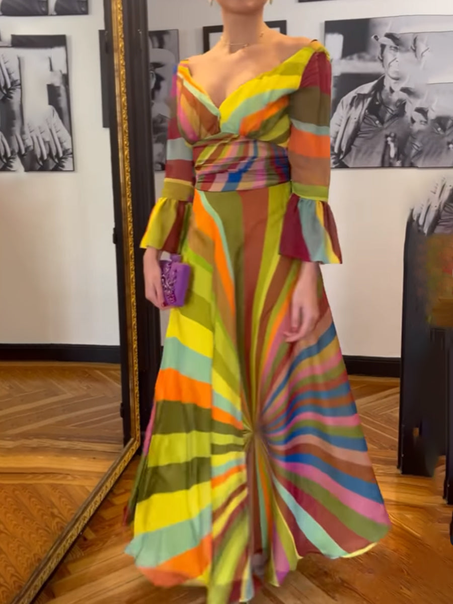 Deep V Neck Printed Bell Sleeves Maxi Dress