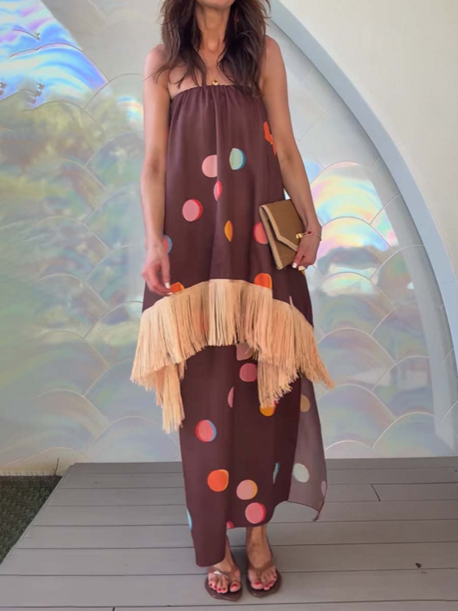 Printed Tassel Slit Hem Strappless Dress