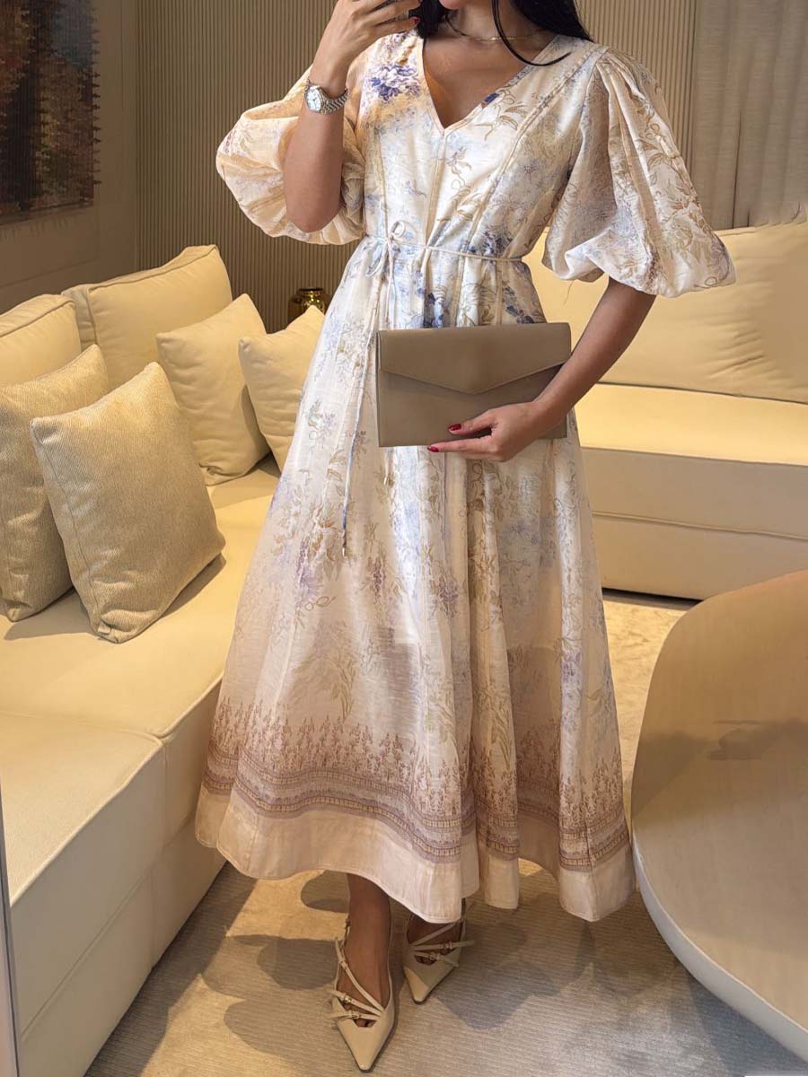 Elegant Printed V Neck Puff Sleeve Dress