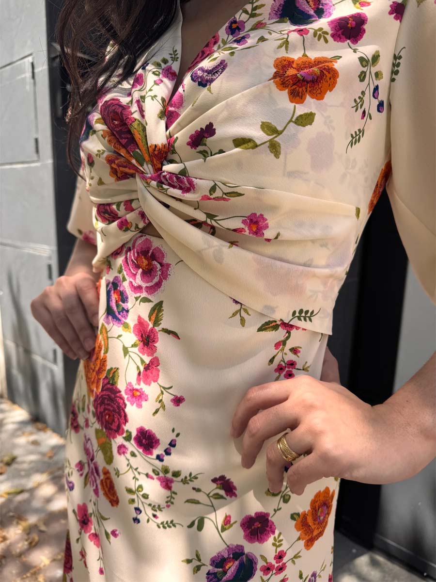 Knotted Printed Bubble Sleeve Dress