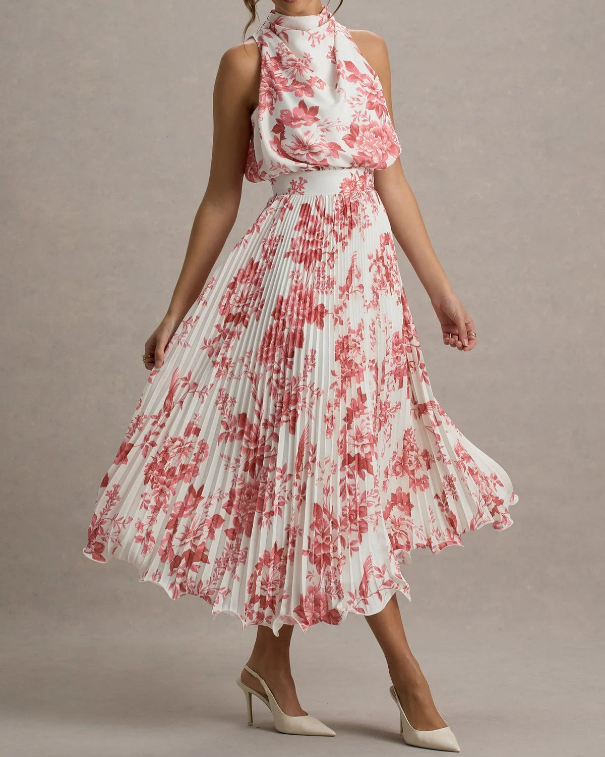 Floral Halter Neck Pleated Dress