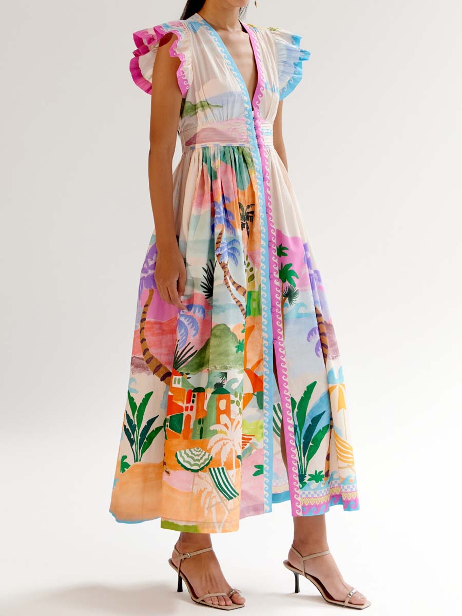 Deep V Neck Printed Maxi Dress