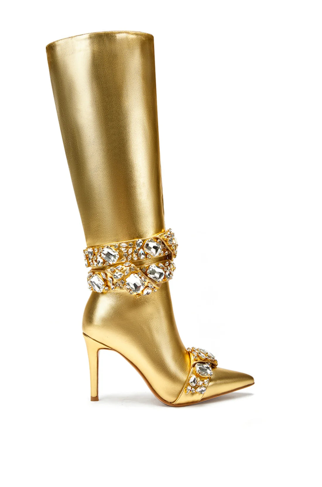 Embellished Metallic Stiletto Knee High Boots