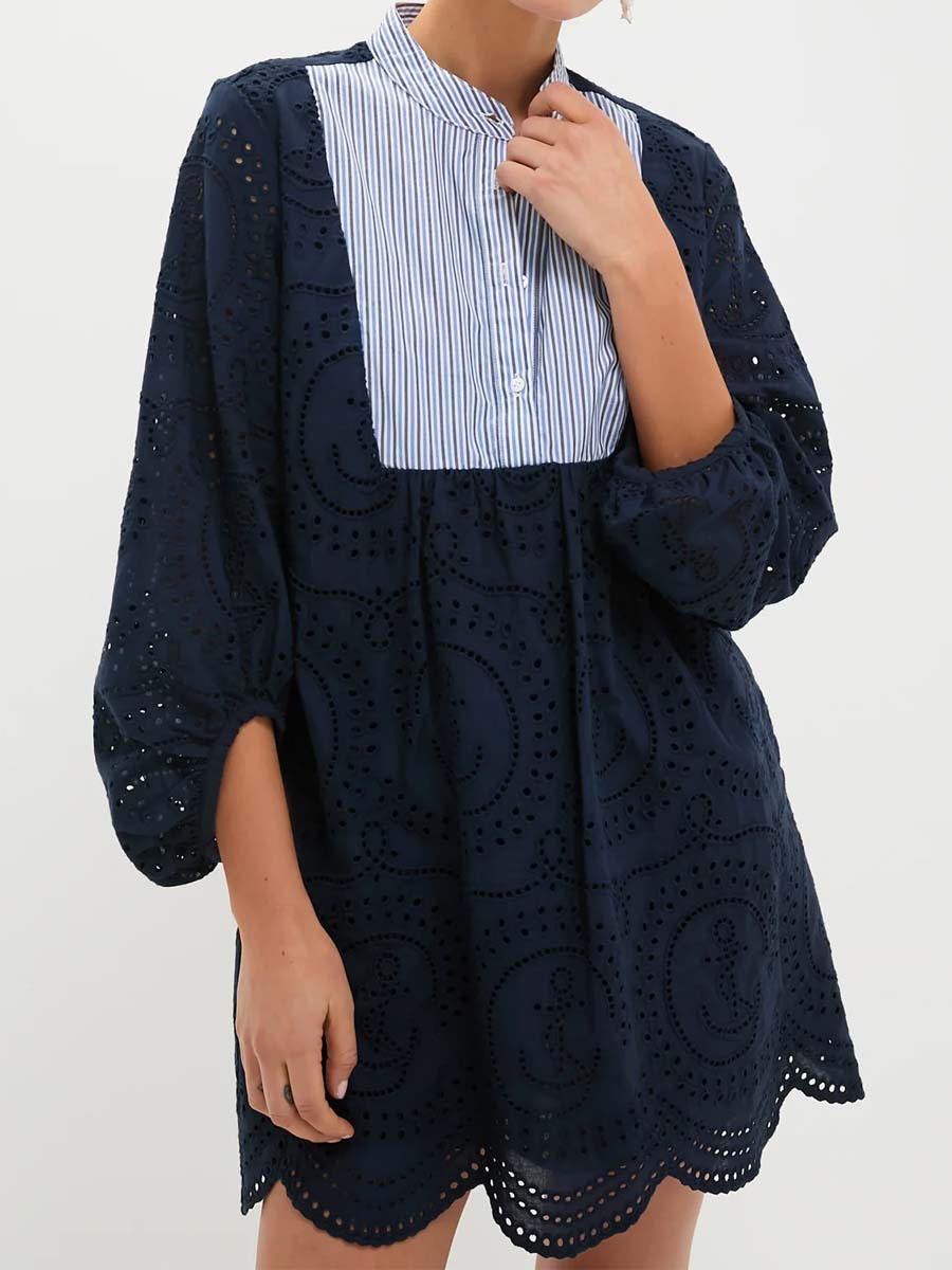 Mock Collar Patchwork Eyelet Mini Dress