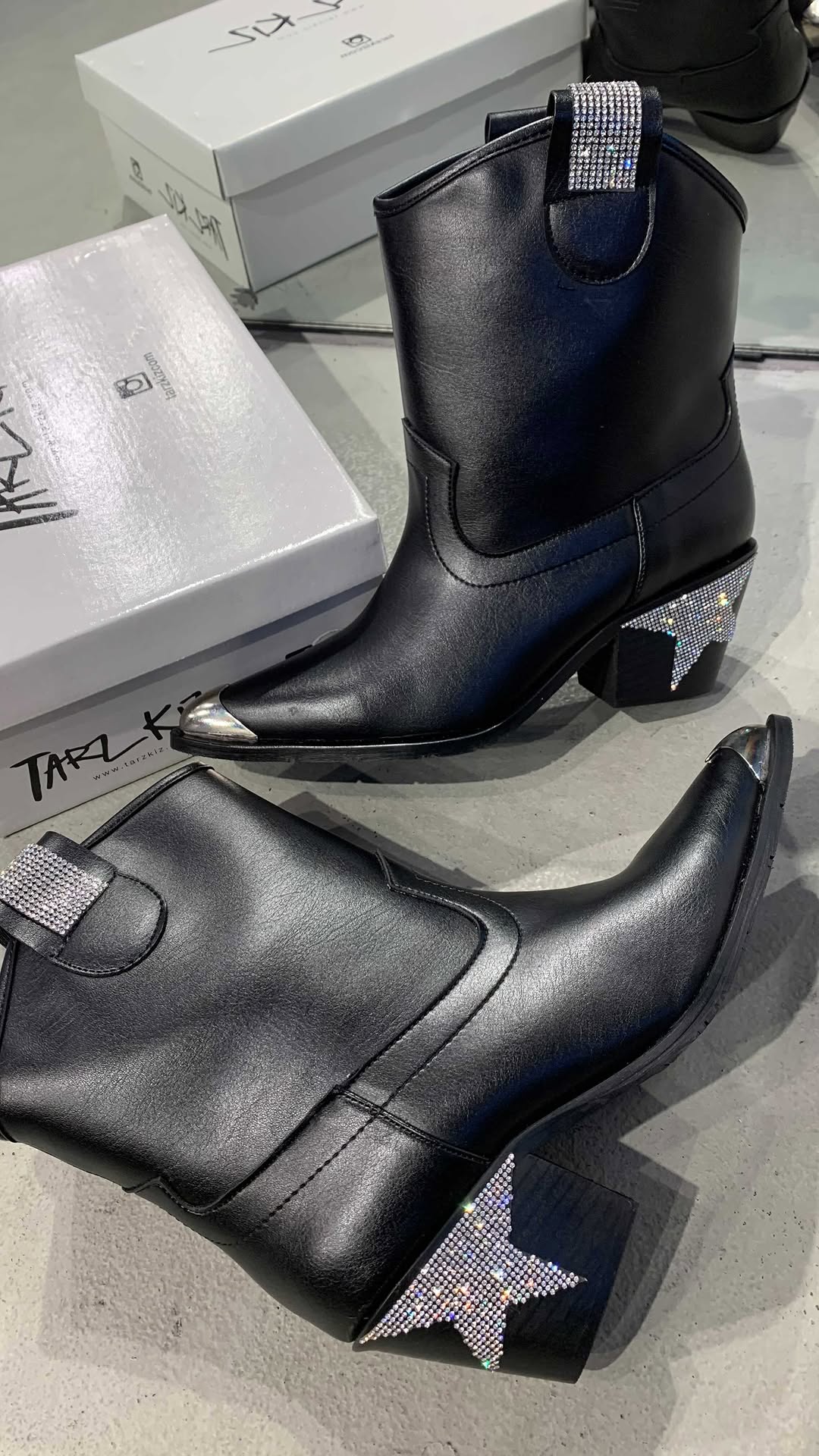 Black Leather Western Boots with Crystal Stars