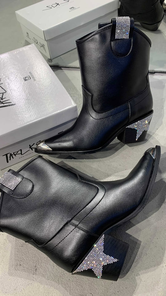 Black Leather Western Boots with Crystal Stars