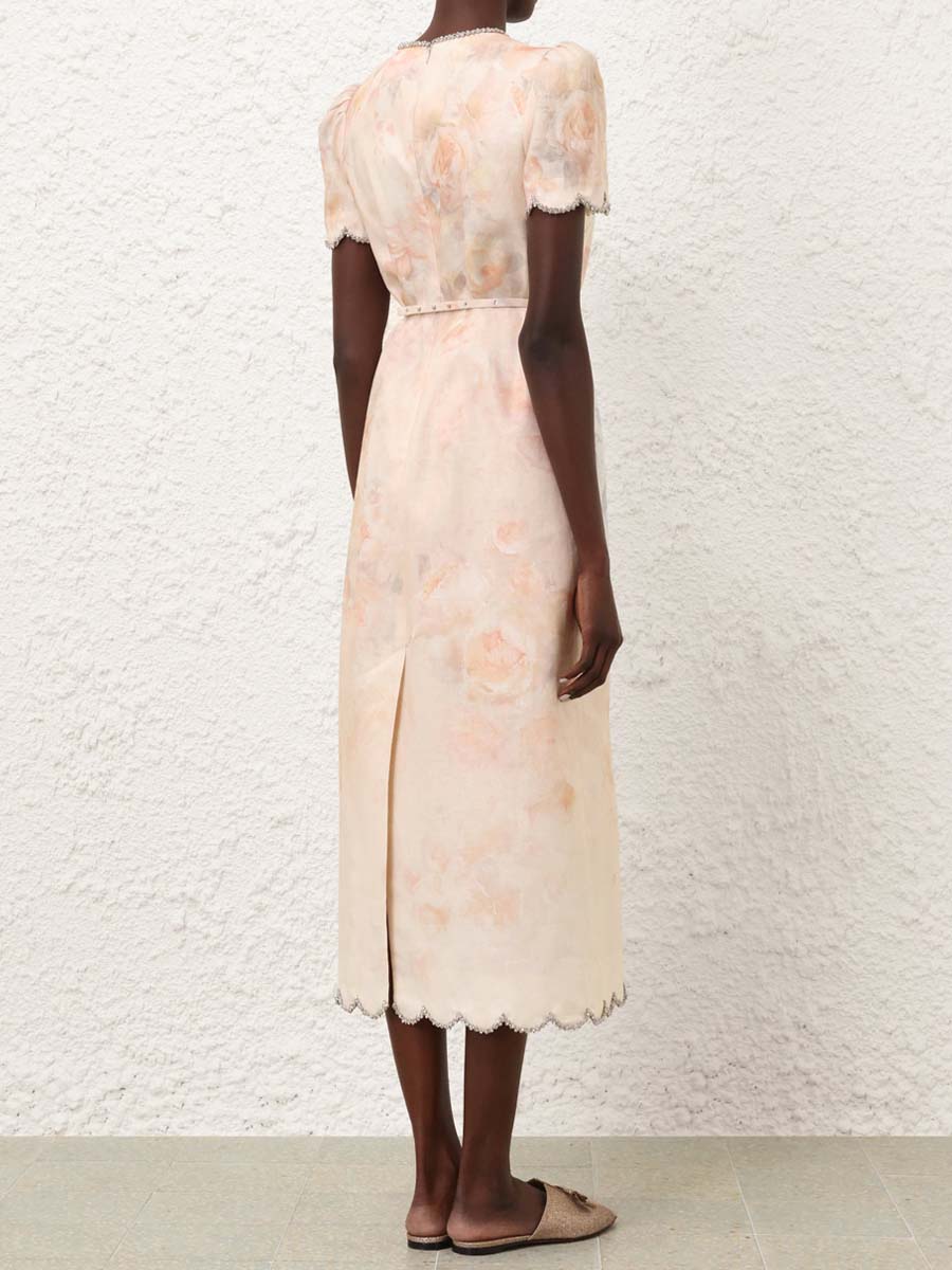 Placement Print Crystal Trims Midi Dress