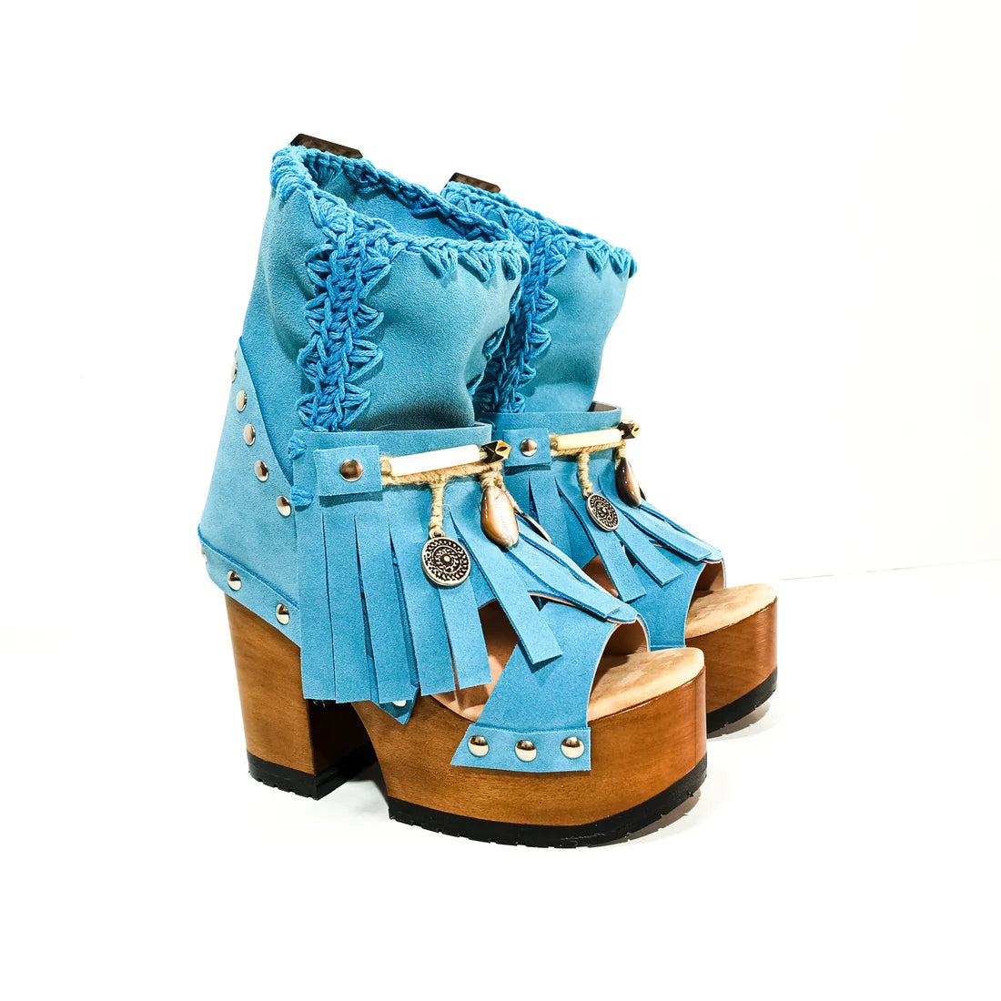 Blue Suede Fringe Platform Peep - Toe Boots