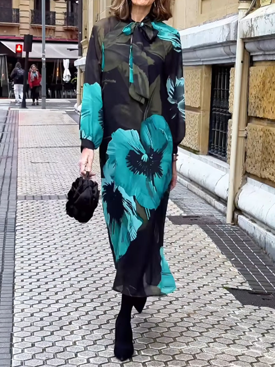 Stand-up Collar Printed Midi Dress