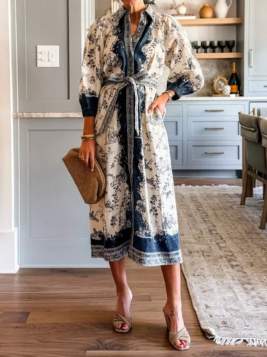 Floral Printed Puffed Sleeve Belted Dress