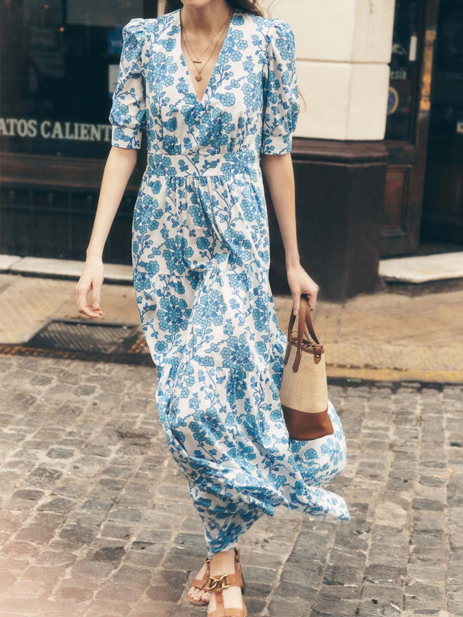 Printed V Neck Puff Sleeve Maxi Dress