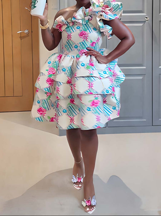 Floral Print Ruffled One-sleeve Dress