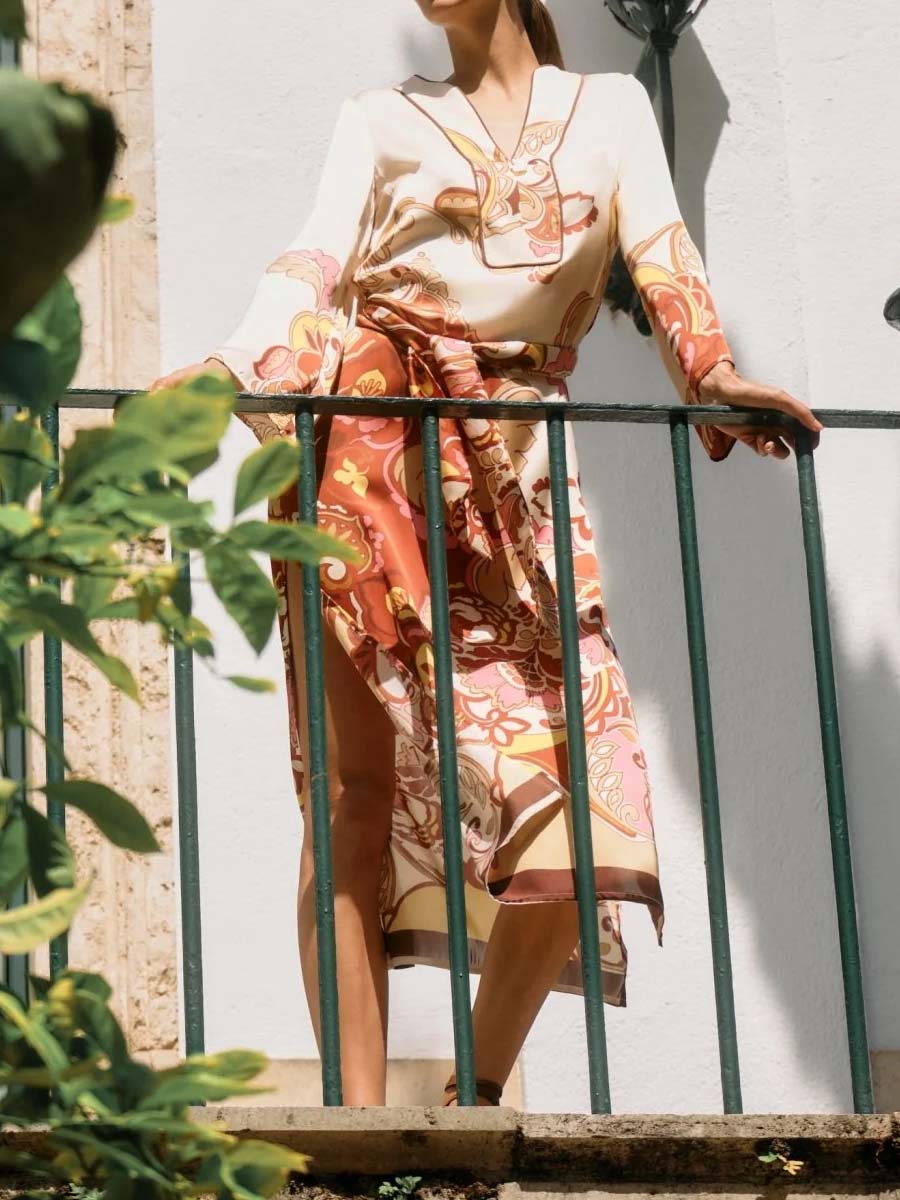 Split Neck Printed Belted Midi Dress