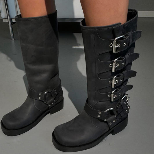 Buckle Square Heeled Knights Boots