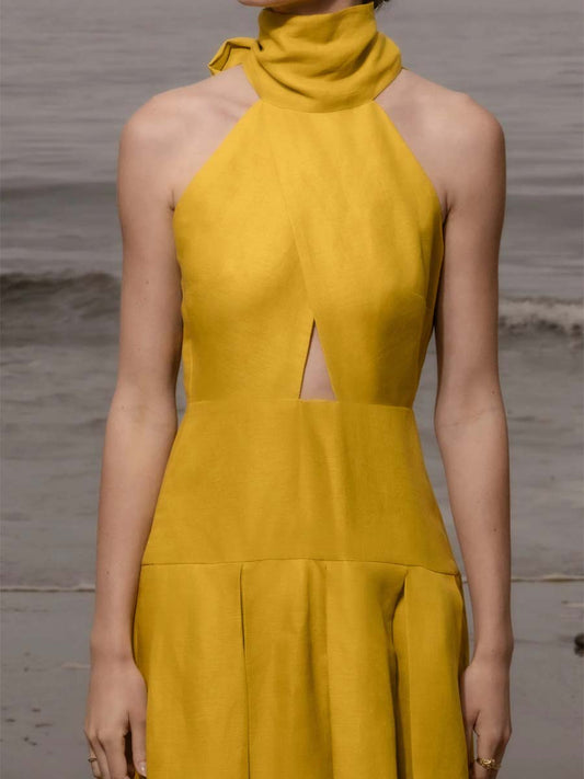 Scarf Collar Pockets Pleated Dress