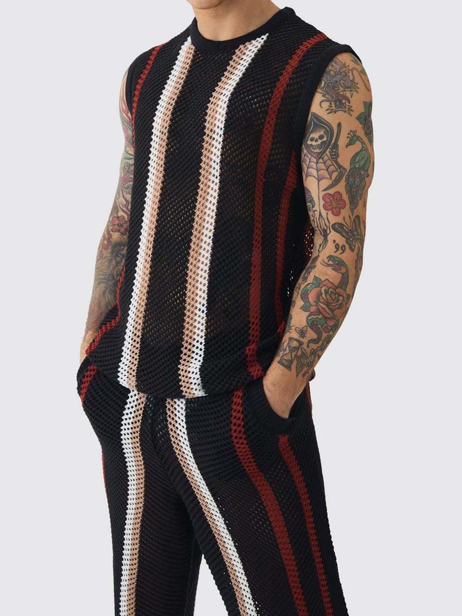Stripe Knitted Sleeveless Two Pieces Set