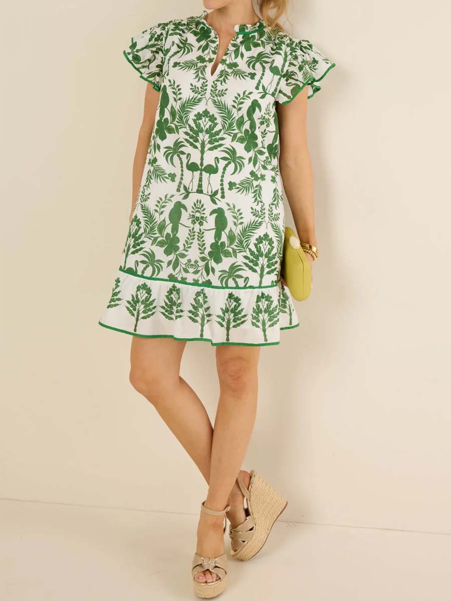 Floral Print Band Collar Flutter Sleeve Dress