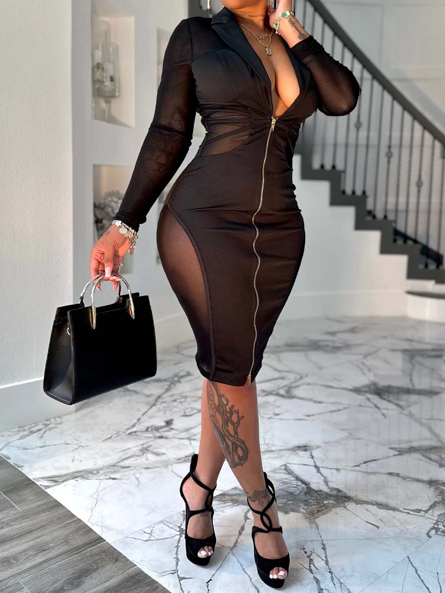 Deep V Neck Mesh Patchwork Stretch Dress