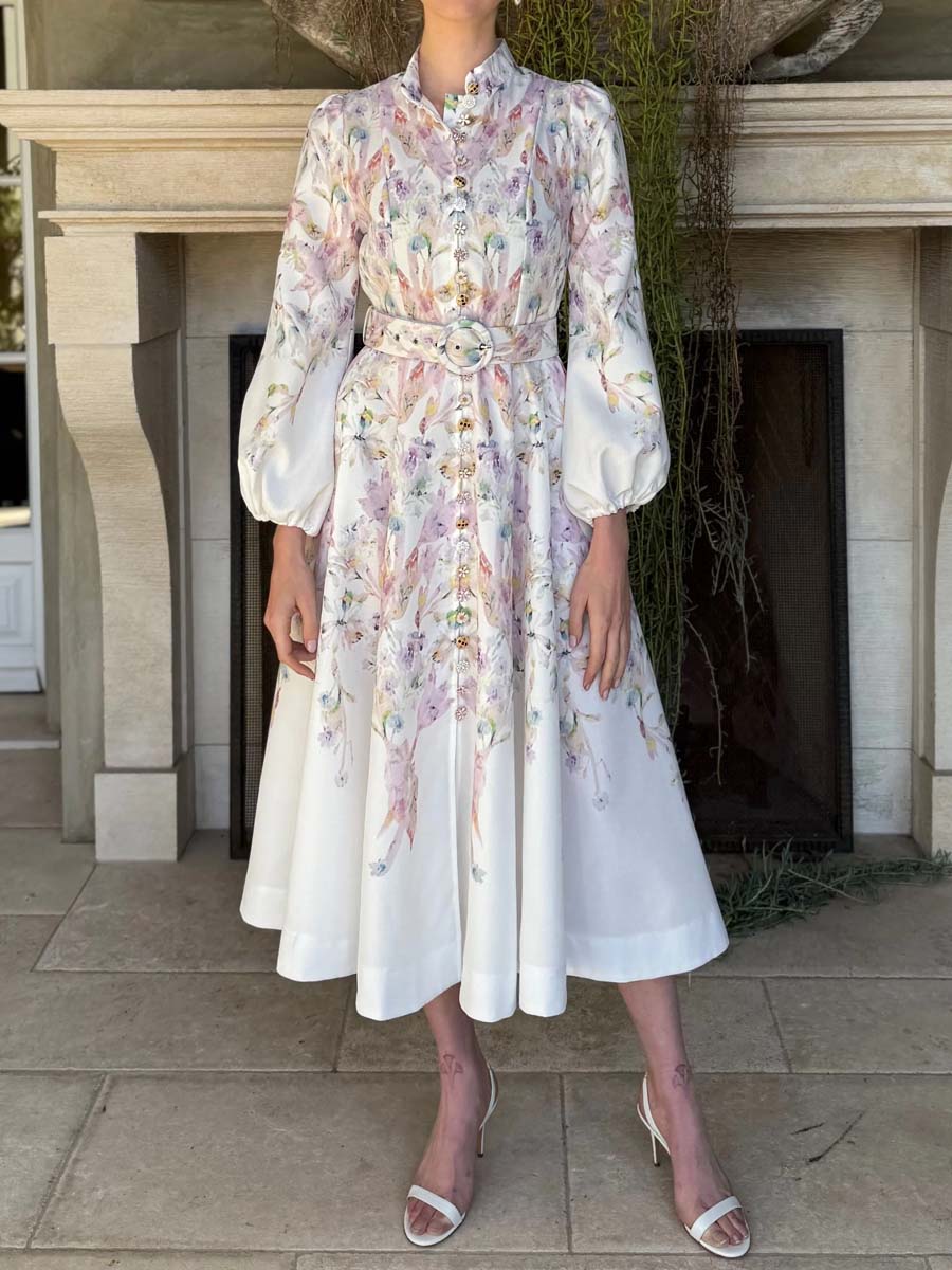 Single-breasted Placement Print Belted Dress