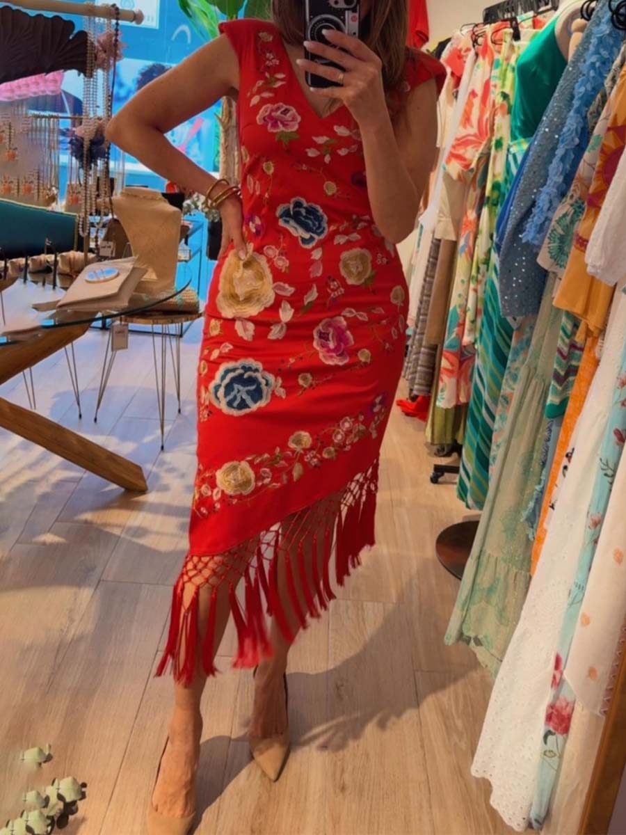 Elegant Fringed Hem Printed Dress