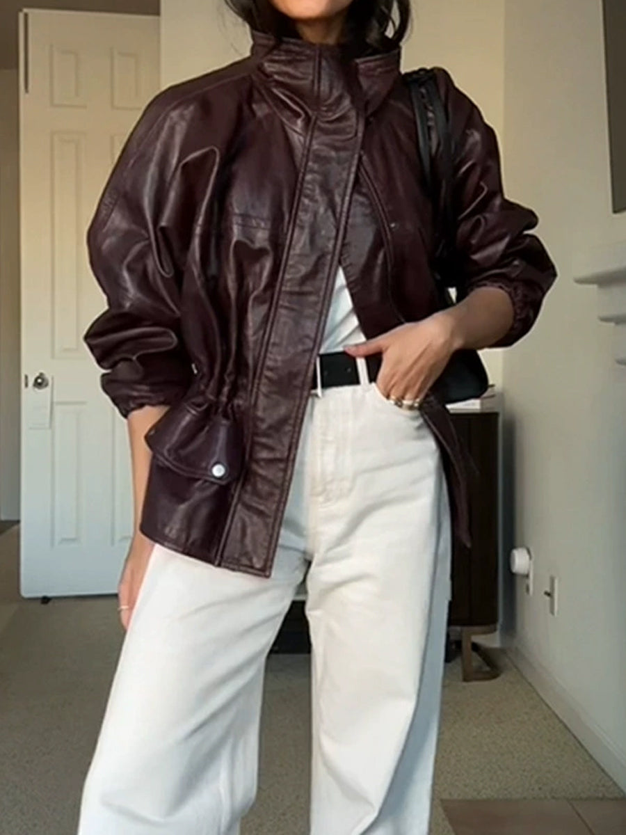 Stand Collar PU Elastic Cuffs Jacket