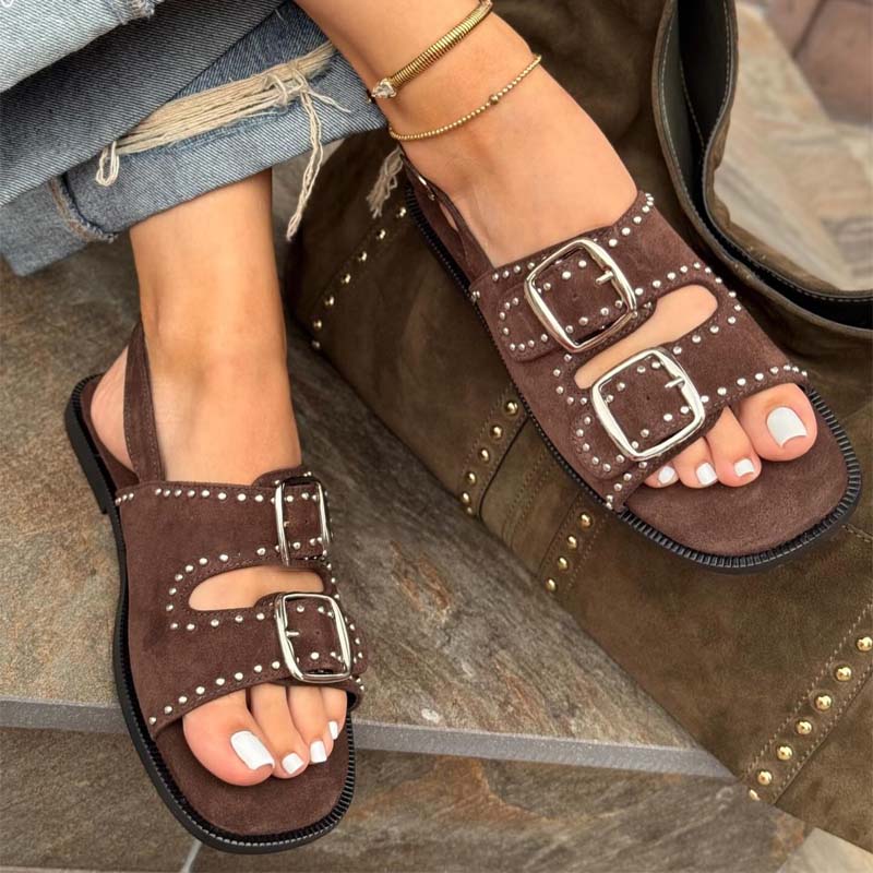 Studded Double Buckle Flat Sandals