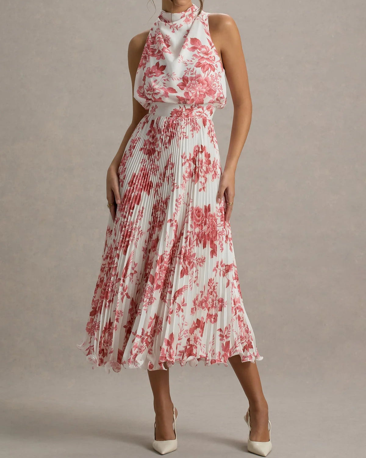 Floral Halter Neck Pleated Dress