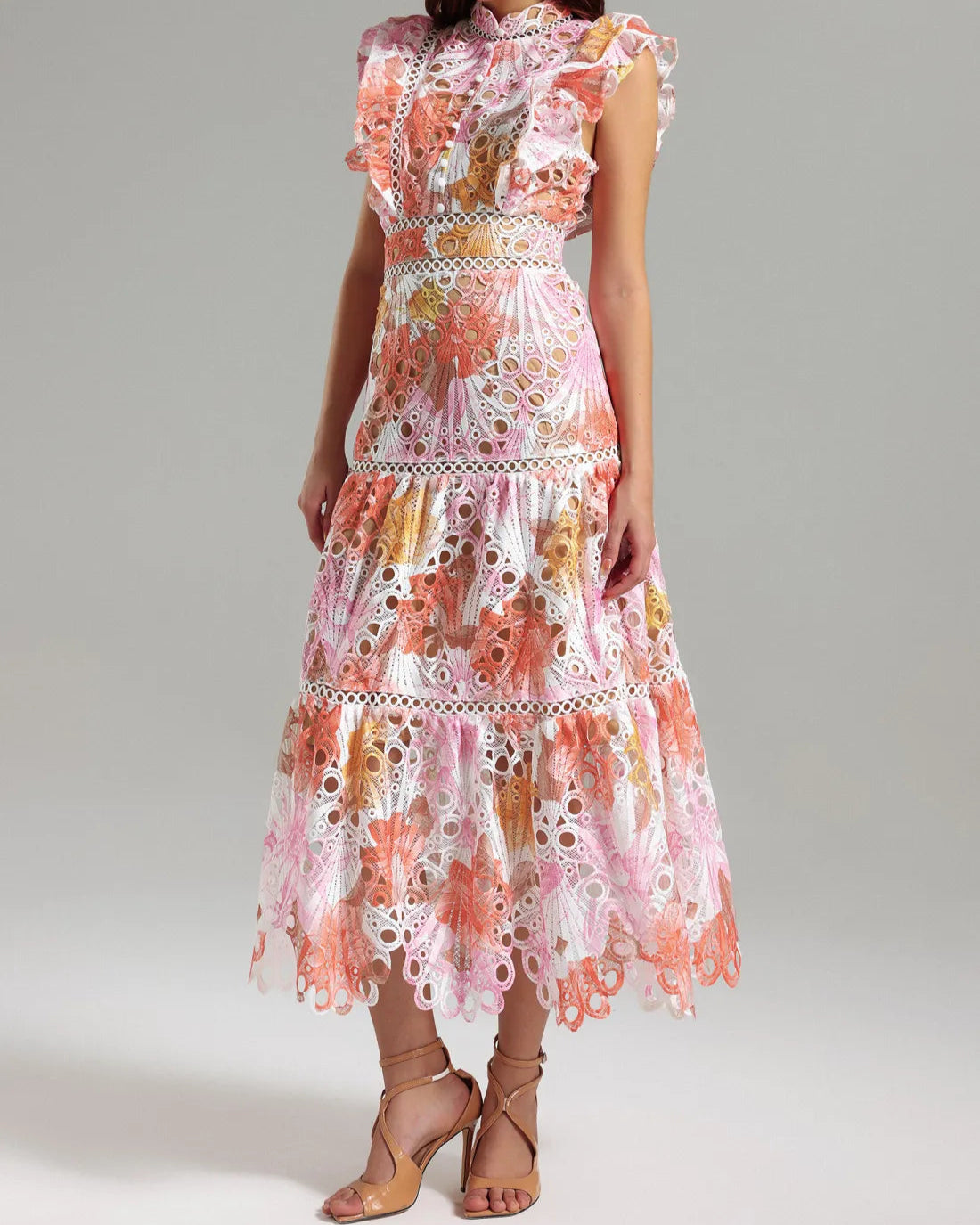 Embroidered Openwork Stand Collar Dress