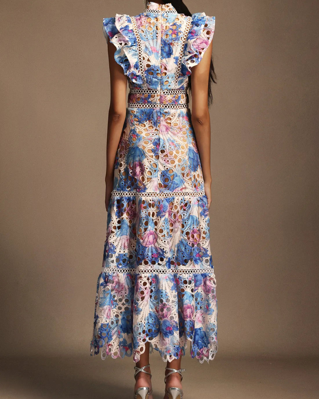 Embroidered Openwork Stand Collar Dress