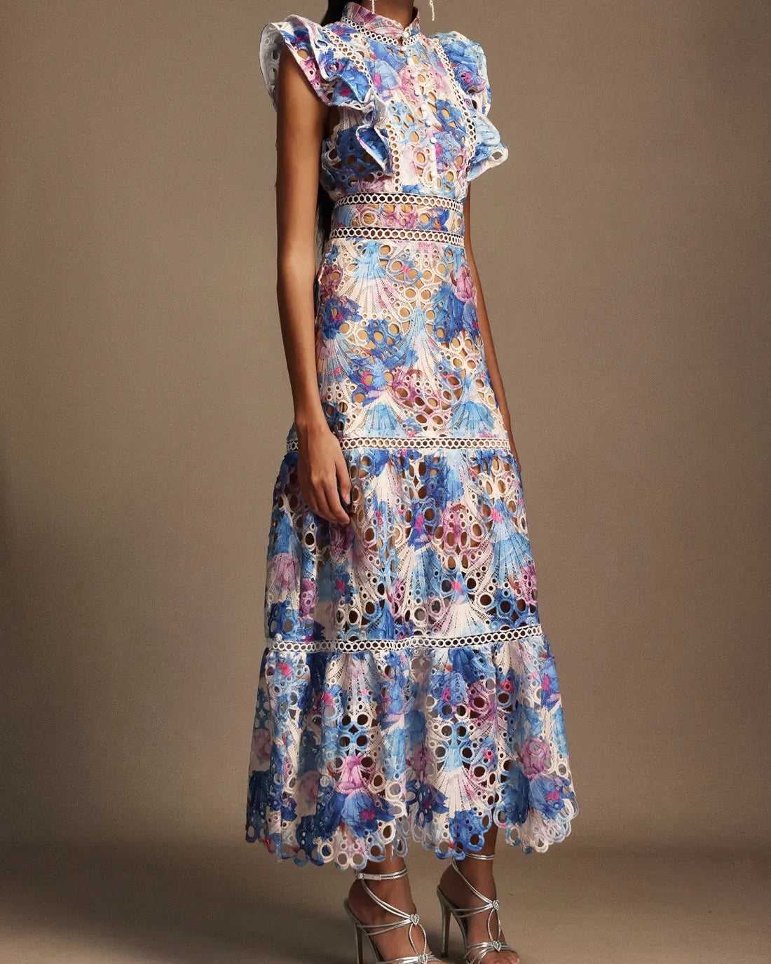 Embroidered Openwork Stand Collar Dress