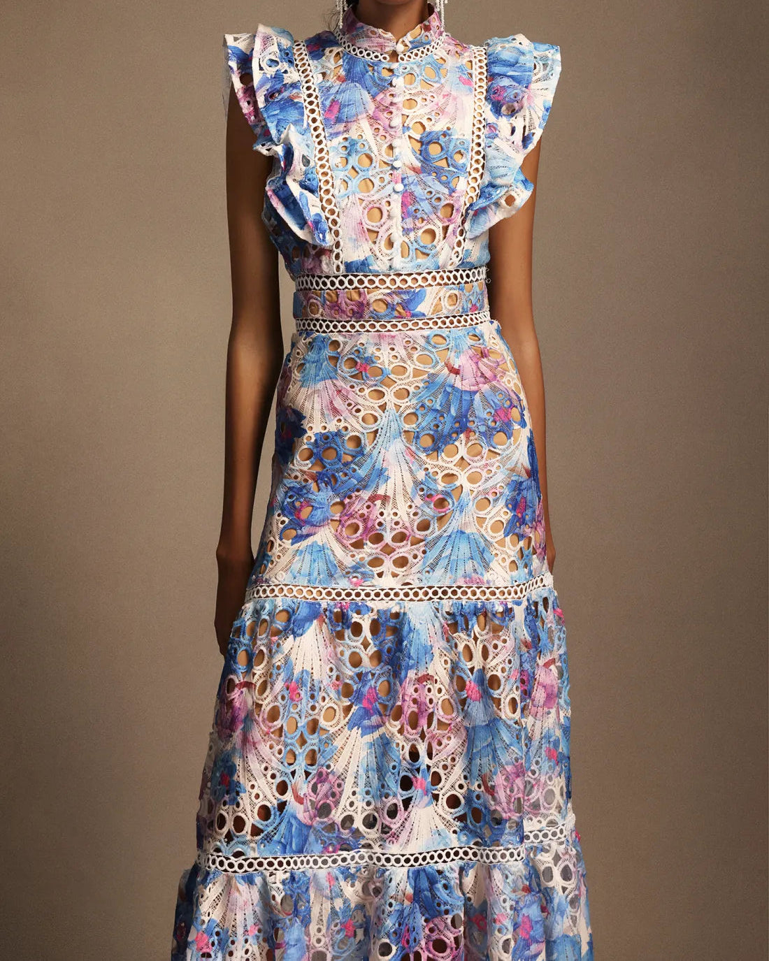 Embroidered Openwork Stand Collar Dress