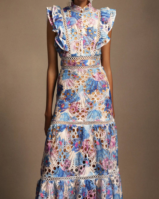 Embroidered Openwork Stand Collar Dress